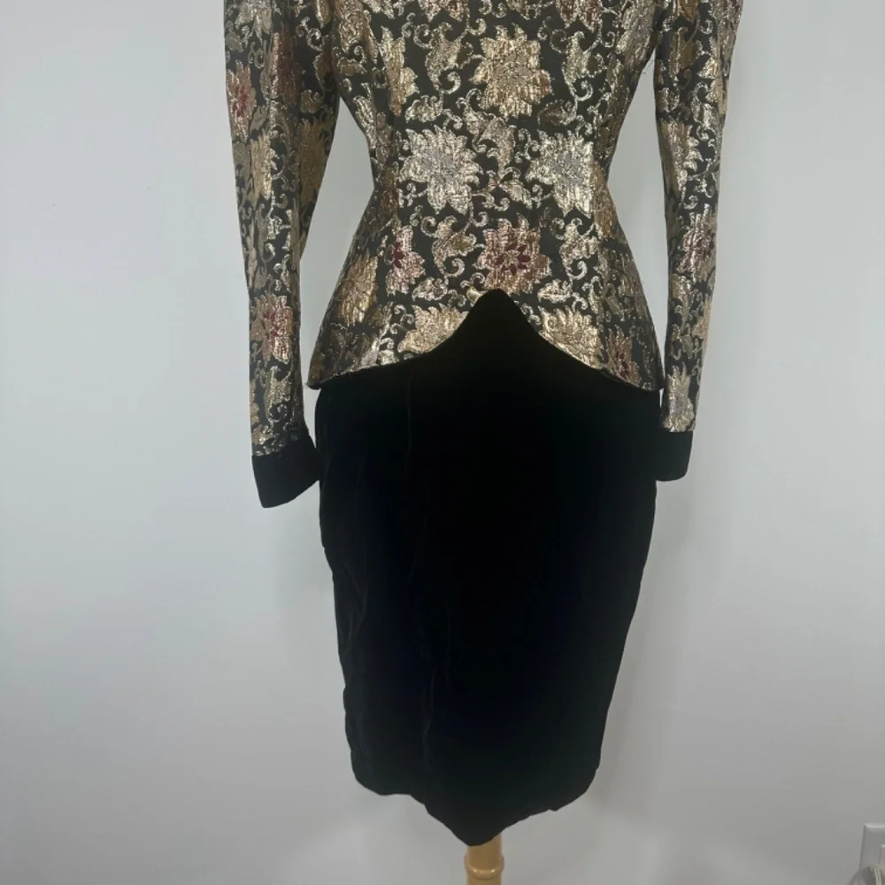 VTG JESSICA McCLINTOCK Velvet Brocade Party Dress Puff Black Gold Ball Gown 10